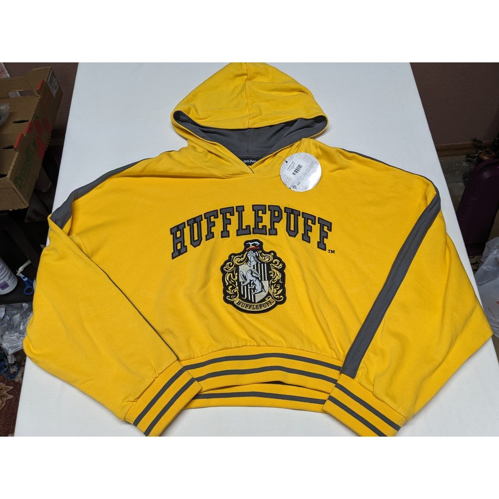 Harry Potter Hufflepuff Cropped Hoodie Yellow Grey Large FAHP2144 NEW